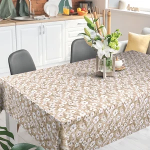 Blomsterflor Beige – Lett pregede voksduk med hvite blomster