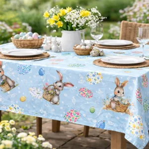 Påskehare Blå – Påskevoksduk med harer og blomsteregg