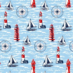 Fyrtårn – Maritim akrylduk i lyseblå med seilskuter m.m.