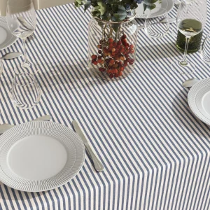 Striber På Tvers Blå – Akrylduk i linlook med striper og antiskli